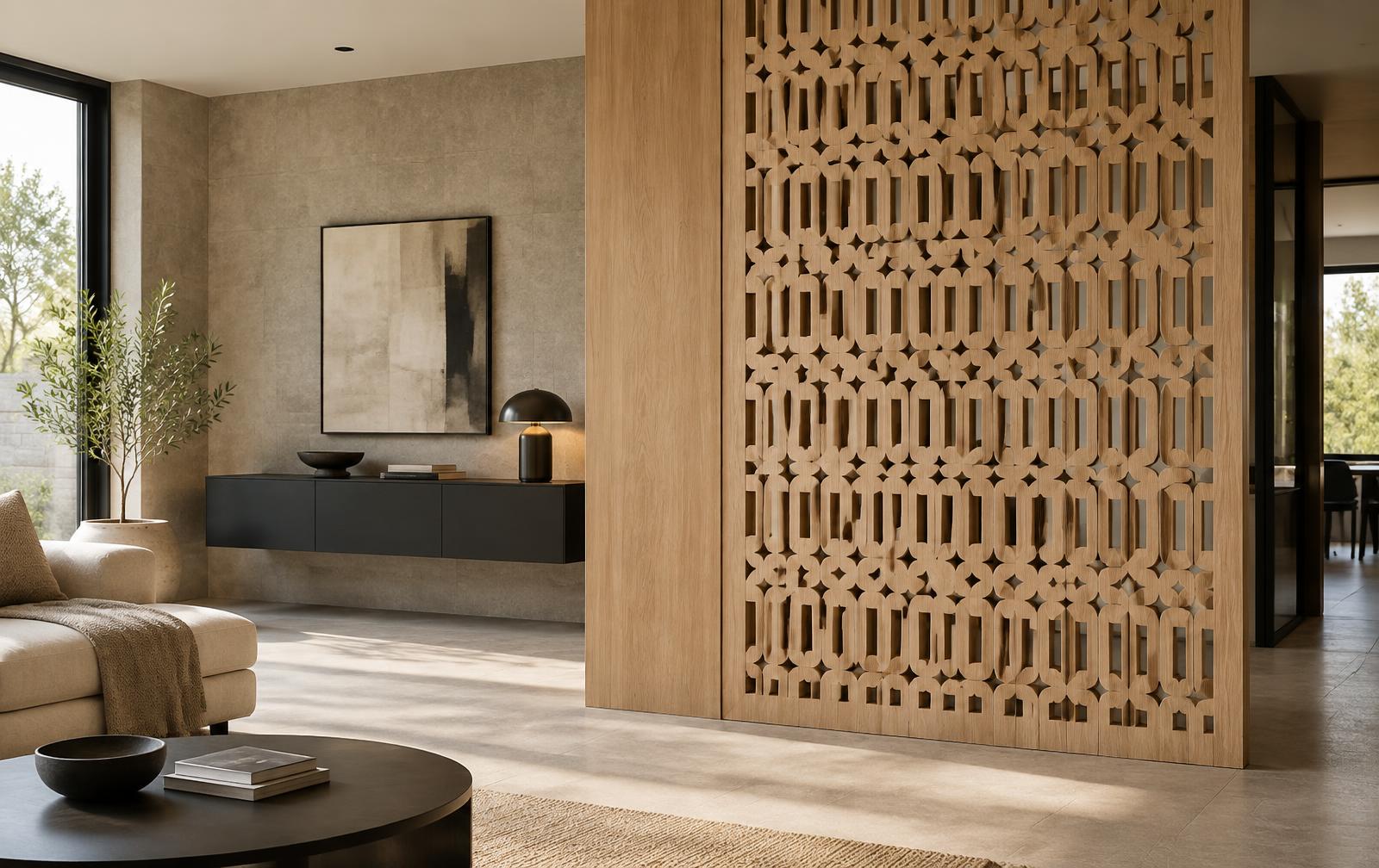 Painel decorativo de madeira usinado para interior contemporâneo
